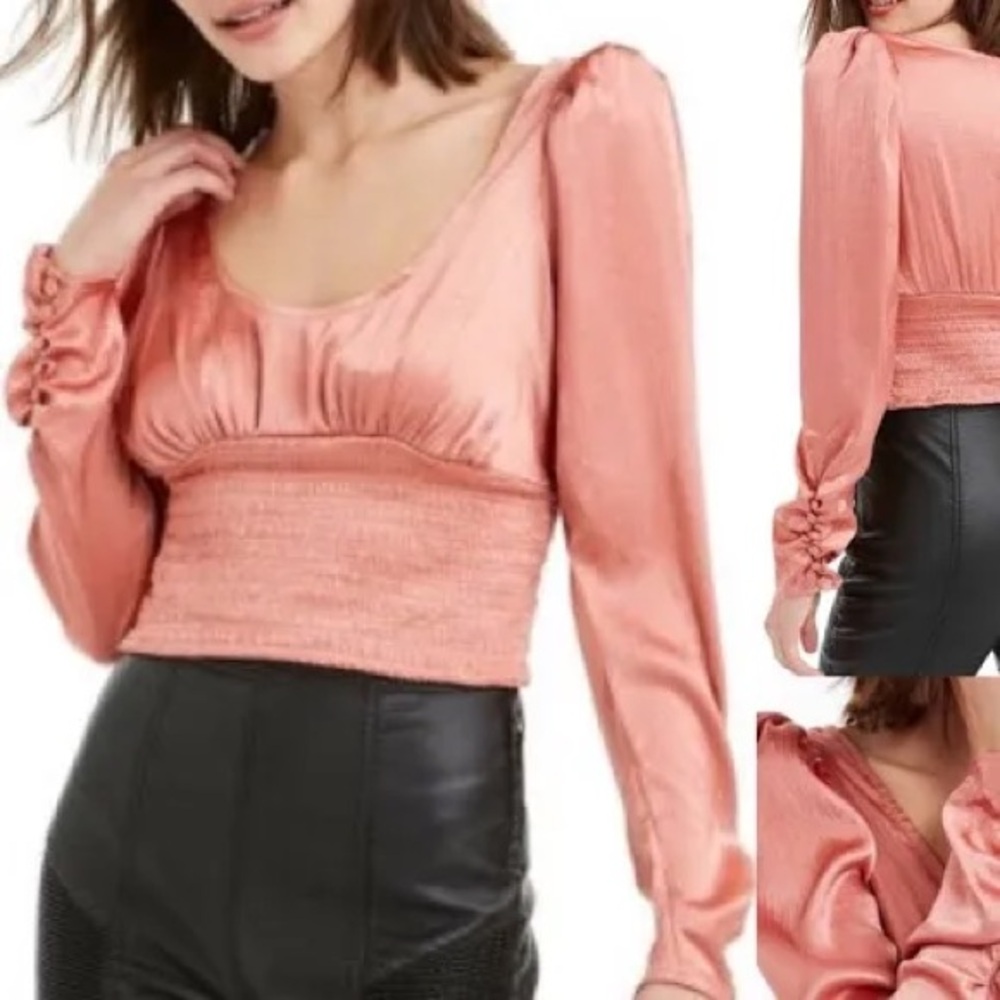 Free People Santiago satin long-sleeve smocked crop blouse